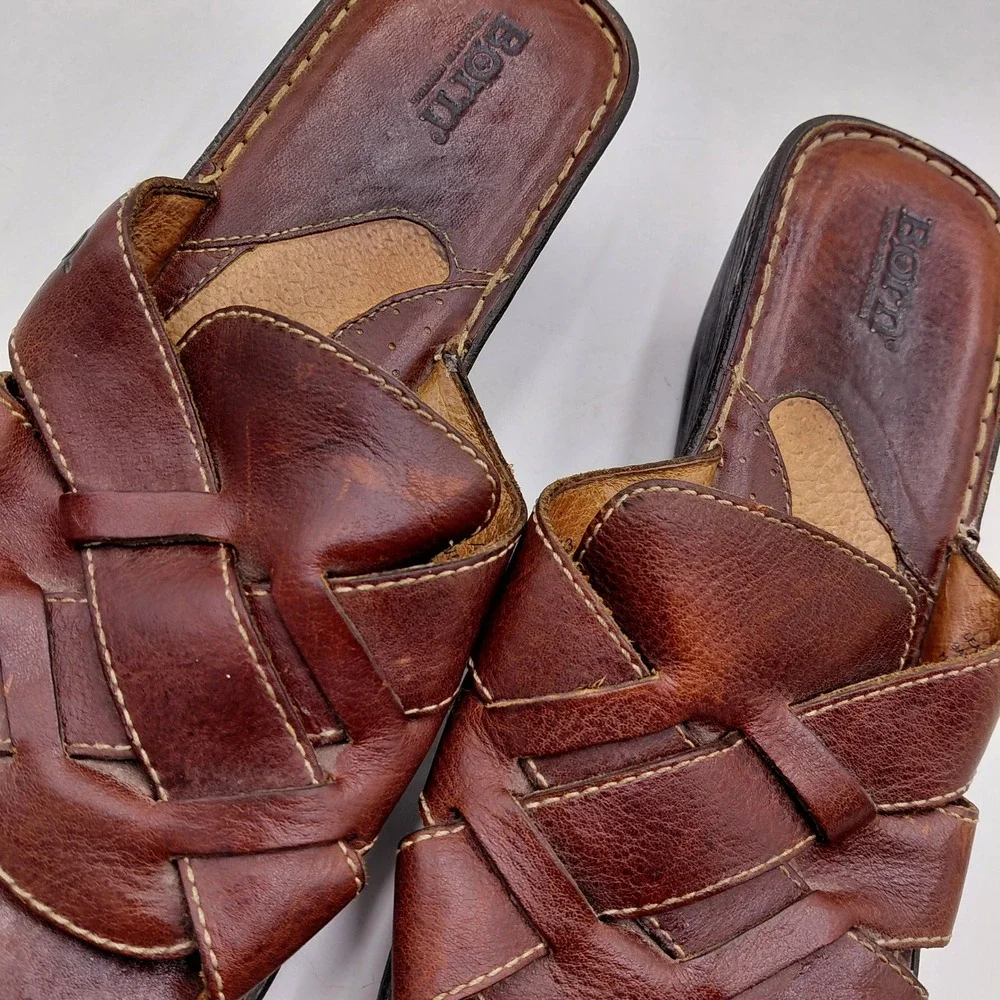 Born Womens Brown Leather Woven Slide Wedge Sandals W5077 K5 Size 11 43 Boho